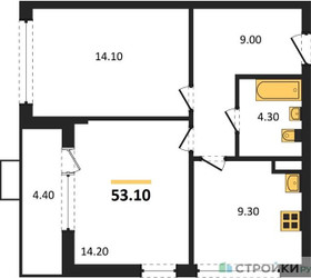 Планировка двухкомнатной(квартира) площадью 53.1 квадратных метров в ЖК “ЖК Бунинские кварталы”