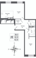 Планировка двухкомнатной(квартира) площадью 62.8 квадратных метров в “ЖК КИНОКВАРТАЛ”