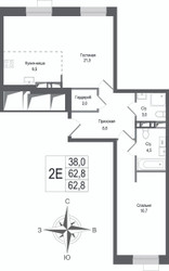 Планировка двухкомнатной(квартира) площадью 62.8 квадратных метров в ЖК “ЖК КИНОКВАРТАЛ”