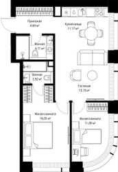 Планировка двухкомнатной(квартира) площадью 63.22 квадратных метров в ЖК “ЖК Веер”