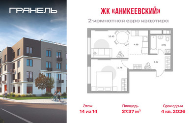 Планировка двухкомнатной(квартира) площадью 37.37 квадратных метров в ЖК “ЖК Аникеевский”