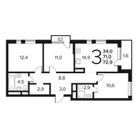 Планировка трехкомнатной(квартира) площадью 72.9 квадратных метров в “Новые Ватутинки. Заречный”