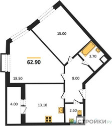 Планировка двухкомнатной(квартира) площадью 62.9 квадратных метров в ЖК “ЖК Римский”