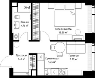 Планировка однокомнатной(квартира) площадью 38.22 квадратных метров в ЖК “ЖК Веер”