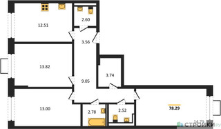 Планировка трехкомнатной(квартира) площадью 78.29 квадратных метров в “ЖК Богдановский Лес”