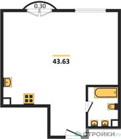 Планировка однокомнатной(квартира) площадью 43.63 квадратных метров в “ЖК Дом Достижение”