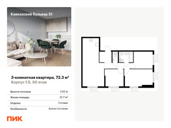 Планировка трехкомнатной(квартира) площадью 72.3 квадратных метров в ЖК “ЖК Кавказский бульвар 51”