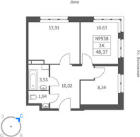 Планировка двухкомнатной(апартаменты) площадью 48.37 квадратных метров в “ЖК Волковская 67”