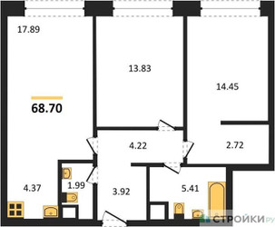 Планировка двухкомнатной(квартира) площадью 68.7 квадратных метров в ЖК “ЖК Собрание клубных домов West Garden (Вест Гарден)”