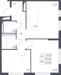 Планировка двухкомнатной (квартира) площадью 55.6 квадратных метров в ЖК “Молжаниново”