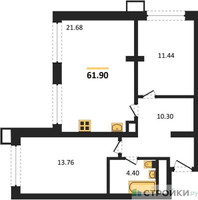 Планировка двухкомнатной(квартира) площадью 61.9 квадратных метров в “ЖК Dom Smile”