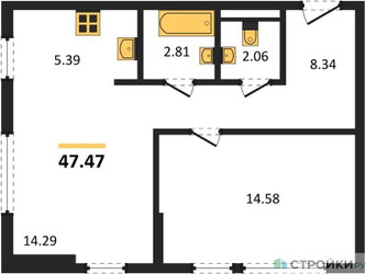 Планировка однокомнатной(квартира) площадью 47.47 квадратных метров в ЖК “ЖК Остафьево”
