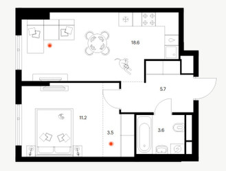 Планировка однокомнатной(квартира) площадью 42.7 квадратных метров в ЖК “ЖК Амурский парк”