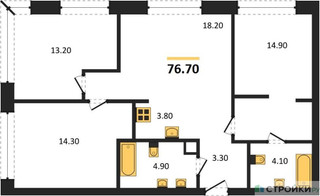 Планировка трехкомнатной(квартира) площадью 76.7 квадратных метров в “ЖК SOUL (СОУЛ)”