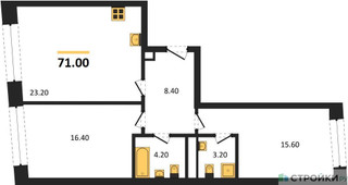 Планировка двухкомнатной(квартира) площадью 71 квадратных метров в “ЖК Архитектурный проект RAKURS (Ракурс)”