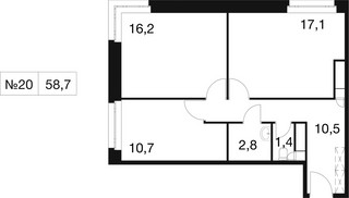 Планировка двухкомнатной(квартира) площадью 58 квадратных метров в “ЖК Идеал”