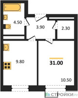 Планировка однокомнатной(квартира) площадью 31 квадратных метров в “ЖК ЭкоБунино (Южное Бунино)”