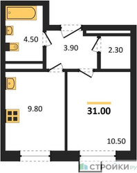 Планировка однокомнатной(квартира) площадью 31 квадратных метров в ЖК “ЖК ЭкоБунино (Южное Бунино)”