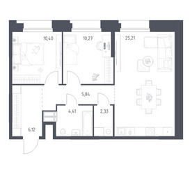 Планировка двухкомнатной(апартаменты) площадью 64.58 квадратных метров в ЖК “ЖК Апарт-отель Тропарево парк”