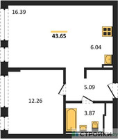 Планировка однокомнатной(квартира) площадью 43.65 квадратных метров в “ЖК Егорово Парк”