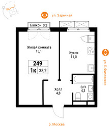 Планировка однокомнатной(квартира) площадью 38.4 квадратных метров в “ЖК Западный Порт”
