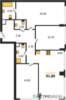 Планировка трехкомнатной(квартира) площадью 91.8 квадратных метров в “ЖК River Park Кутузовский (Ривер Парк Тауэрс)”