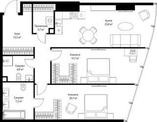 Планировка двухкомнатной(квартира) площадью 93.4 квадратных метров в ЖК “ЖК ОНЕ”