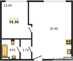 Планировка однокомнатной(апартаменты) площадью 54.5 квадратных метров в “ЖК CULT (Культ)”