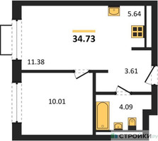Планировка однокомнатной(квартира) площадью 34.73 квадратных метров в “ЖК Новое Видное”