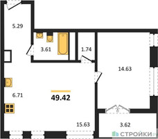 Планировка однокомнатной(квартира) площадью 49.42 квадратных метров в “ЖК Дюна”