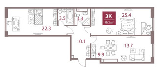 Планировка трехкомнатной(квартира) площадью 89.2 квадратных метров в “ЖК Legacy (Легаси)”