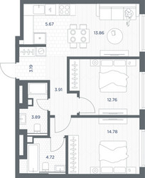 Планировка двухкомнатной(квартира) площадью 62.78 квадратных метров в ЖК “ЖК TATE (Тэйт)”