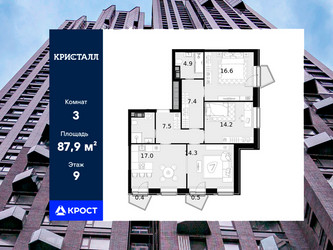 Планировка трехкомнатной(квартира) площадью 87.9 квадратных метров в ЖК “ЖК Трилогия Кристалл”
