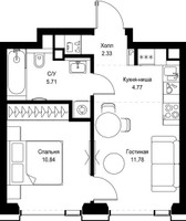Планировка однокомнатной(квартира) площадью 35.43 квадратных метров в “ЖК СЕТ”