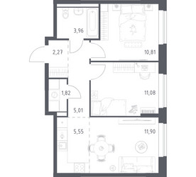 Планировка двухкомнатной(квартира) площадью 51.8 квадратных метров в ЖК “ЖК Пригород Лесное”