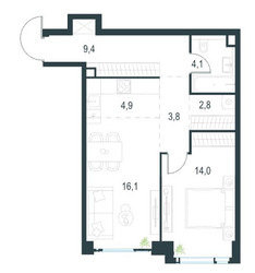 Планировка двухкомнатной(квартира) площадью 55.4 квадратных метров в ЖК “ЖК Level Мичуринский”