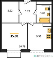 Планировка однокомнатной(квартира) площадью 35.91 квадратных метров в “ЖК Томилино Парк”