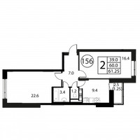 Планировка двухкомнатной(квартира) площадью 61.2 квадратных метров в “ЖК Космос”