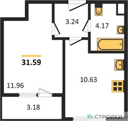 Планировка однокомнатной(квартира) площадью 31.59 квадратных метров в ЖК “Жилые кварталы Новое Пушкино”