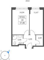 Планировка однокомнатной(апартаменты) площадью 37.86 квадратных метров в ЖК “ЖК Волковская 67”