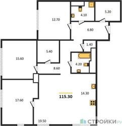 Планировка трехкомнатной(квартира) площадью 115.7 квадратных метров в ЖК “ЖК AFI Tower (Афи Тауэр)”