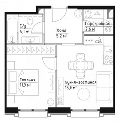 Планировка однокомнатной(квартира) площадью 38.8 квадратных метров в ЖК “ЖК Павелецкая Сити”