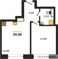 Планировка однокомнатной(квартира) площадью 34 квадратных метров в “ЖК Обручева 30”