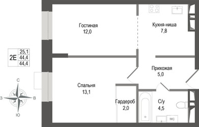 Планировка двухкомнатной(квартира) площадью 44.4 квадратных метров в ЖК “ЖК КИНОКВАРТАЛ”