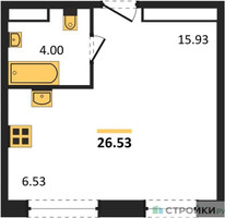 Планировка студии(апартаменты) площадью 26.53 квадратных метров в “ЖК Движение. Говорово”