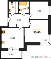 Планировка двухкомнатной(квартира) площадью 51.6 квадратных метров в “ЖК Одинцовские кварталы”