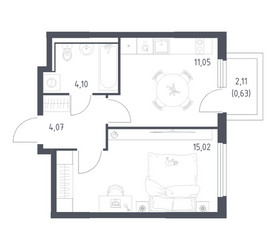Планировка однокомнатной(квартира) площадью 34.87 квадратных метров в ЖК “ЖК Пригород Лесное”