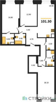 Планировка трехкомнатной(квартира) площадью 101.3 квадратных метров в “ЖК КОД Сокольники”