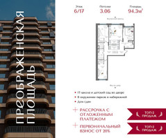 Планировка трехкомнатной(квартира) площадью 94.3 квадратных метров в “ЖК Преображенская Площадь”