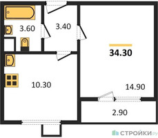 Планировка однокомнатной(квартира) площадью 34.3 квадратных метров в “ЖК ЮЖНАЯ БИТЦА”